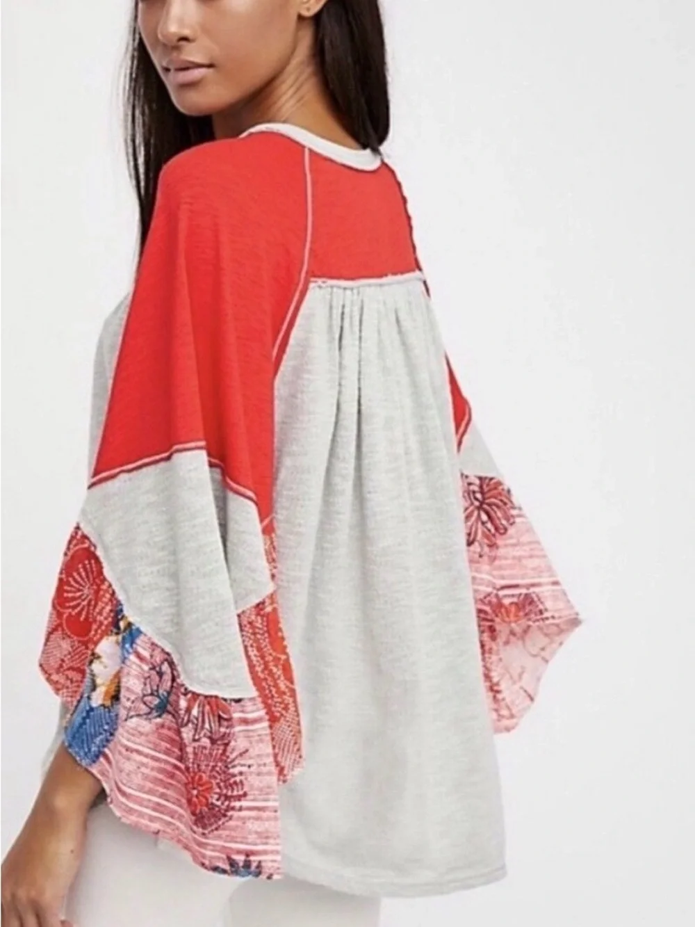 Free People We The Free Red and Gray Ribbed Knit Top Boho Shirt